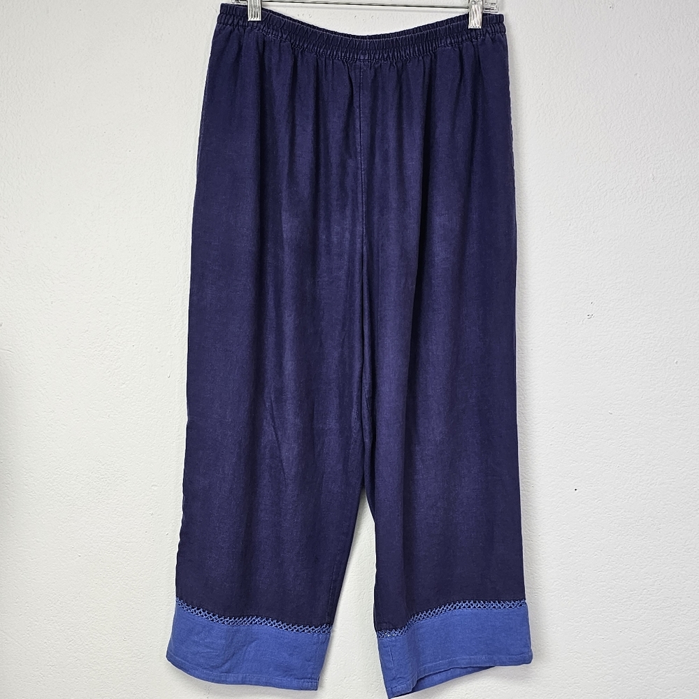 Sport Savvy Pants Linen Blend Blue Elastic Waist Pull Ankle Sz L Cottagecore